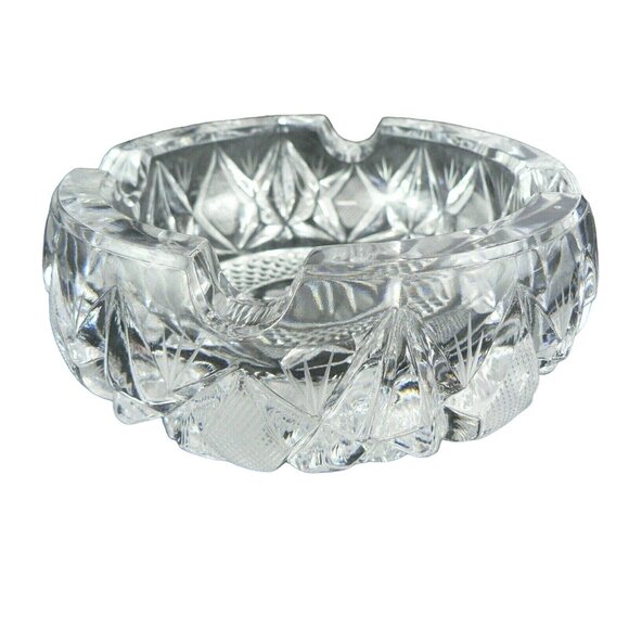 Vintage Pressed Glass Ashtray With Etched Geometric Pattern & Four Slots 6" Dia - Picture 1 of 8